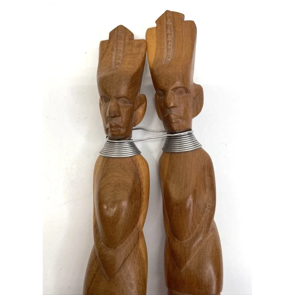 Vintage African Folk Art Fork & Spoon Hand Carved Wood Salad Set Wooden
